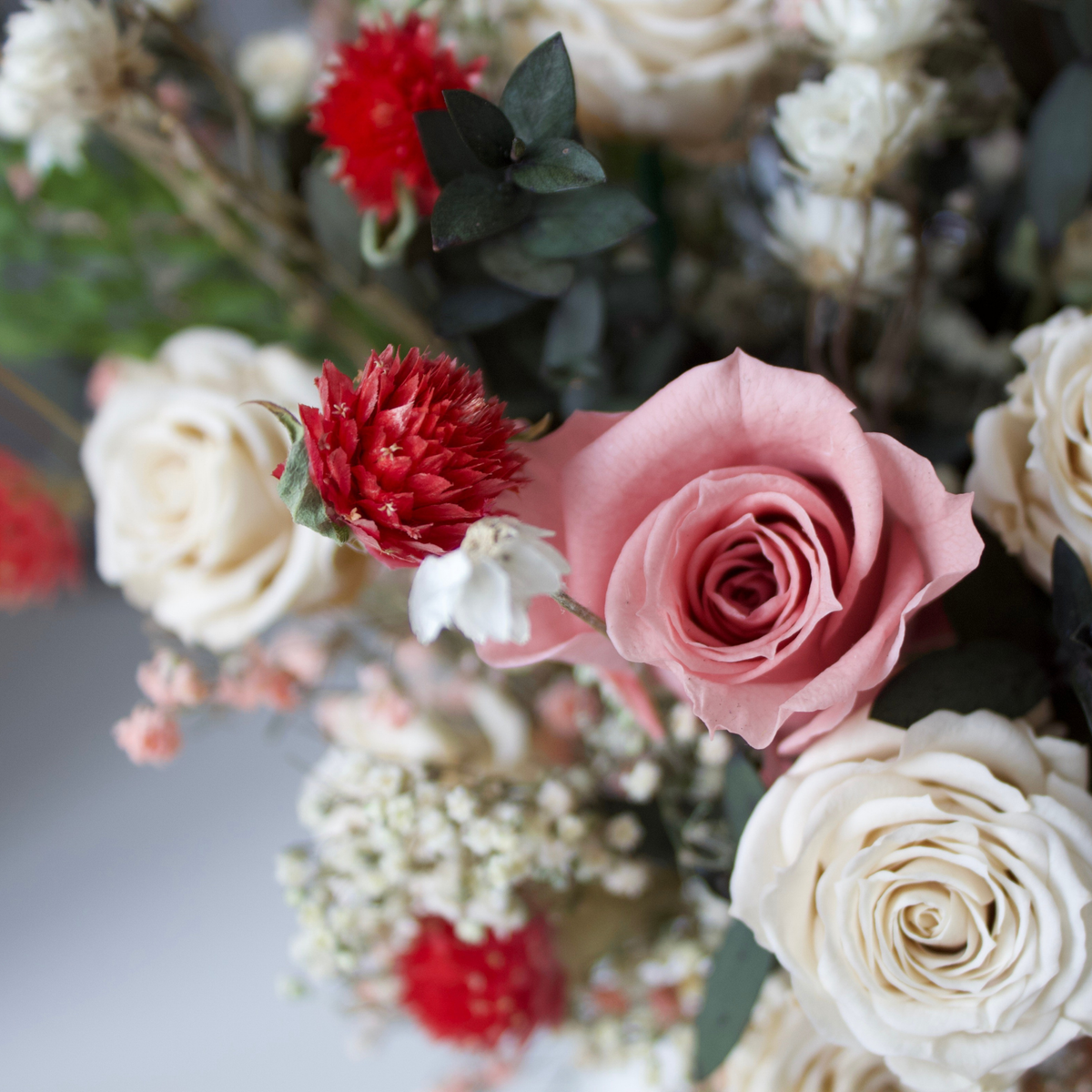 Eire by Eos Blooms: pink, white, and red Forever Roses with green leaves.