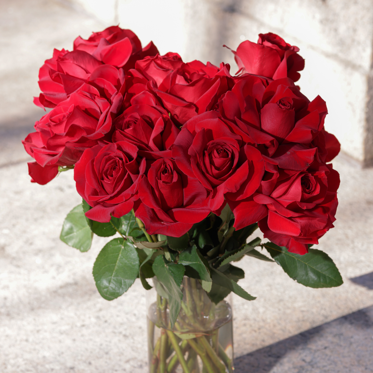 The Classic by Eos Blooms: Ecuadorian red roses in a clear glass vase, displayed outdoors.