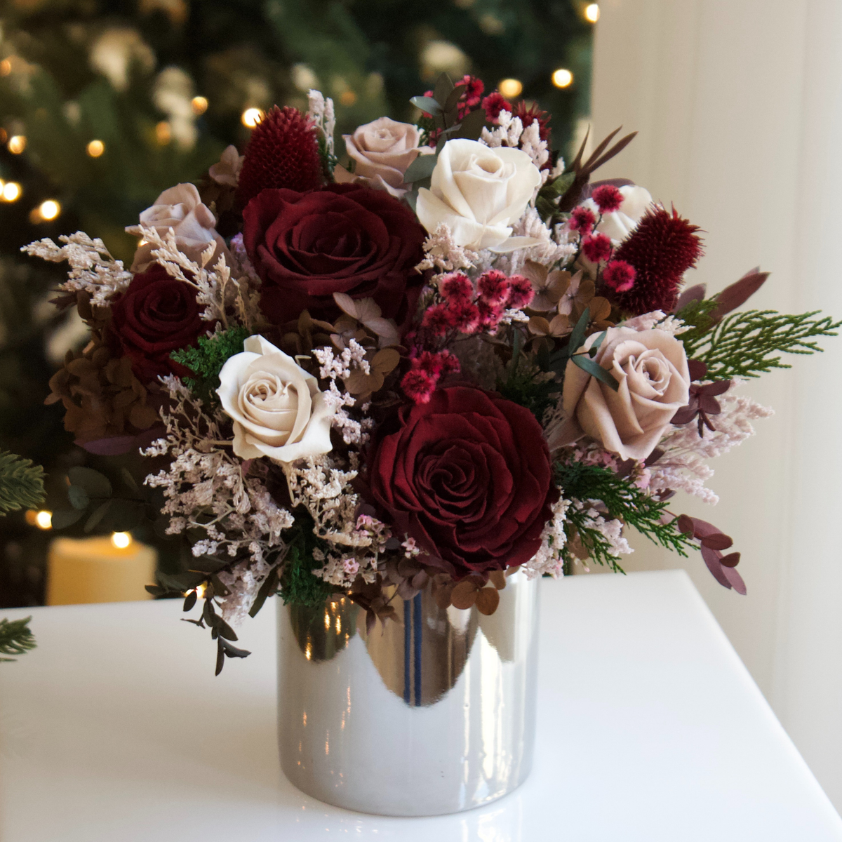 Midnight Forest (Petite) by Eos Blooms: silver vase with Forever Roses, ideal winter decor.