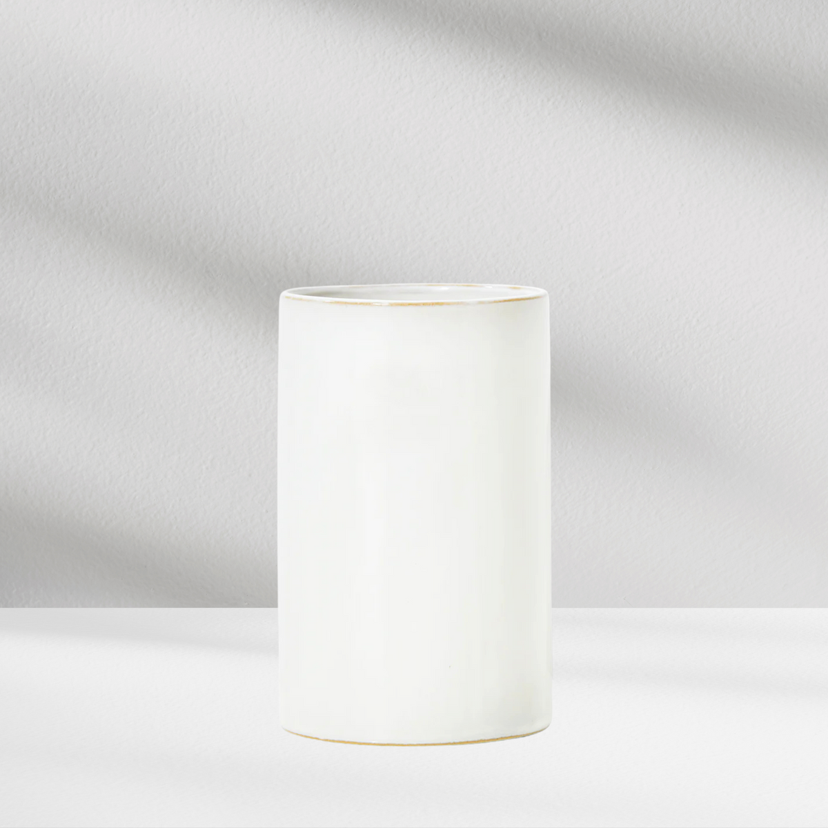 The Eos Blooms Lennox Vase is tall, plain white ceramic with minimal elegance and soft shadows.