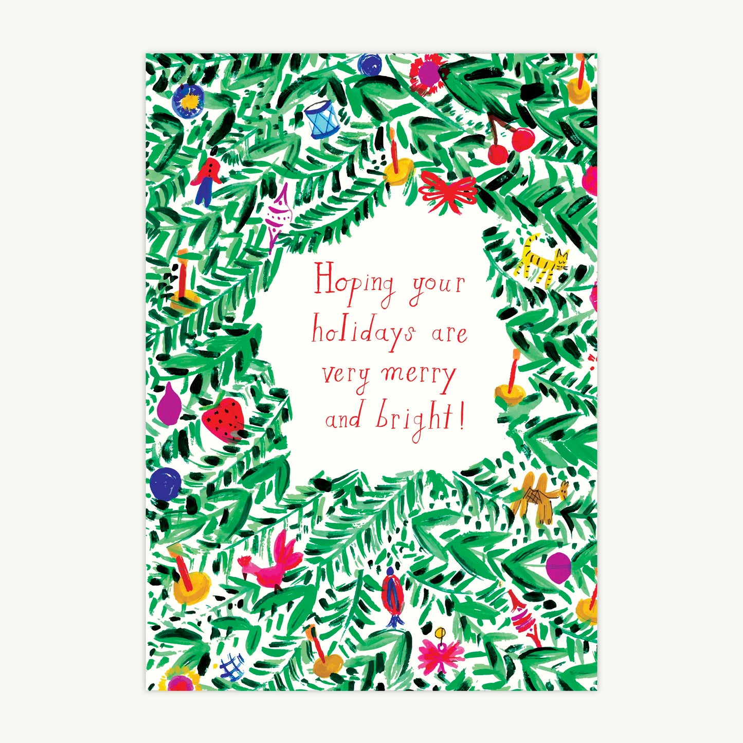 Eos Blooms Hand-Illustrated Greeting Cards with greenery and ornaments for festive holidays.
