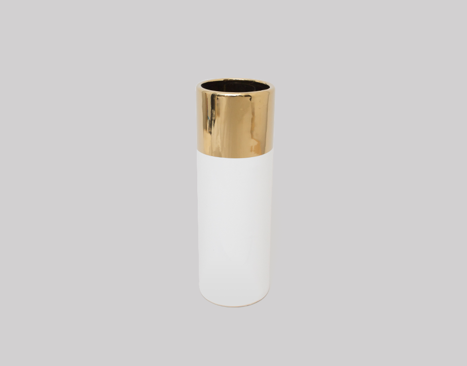 Dubai Vase by Eos Blooms: tall white cylinder, 4"x12", shiny gold rim.