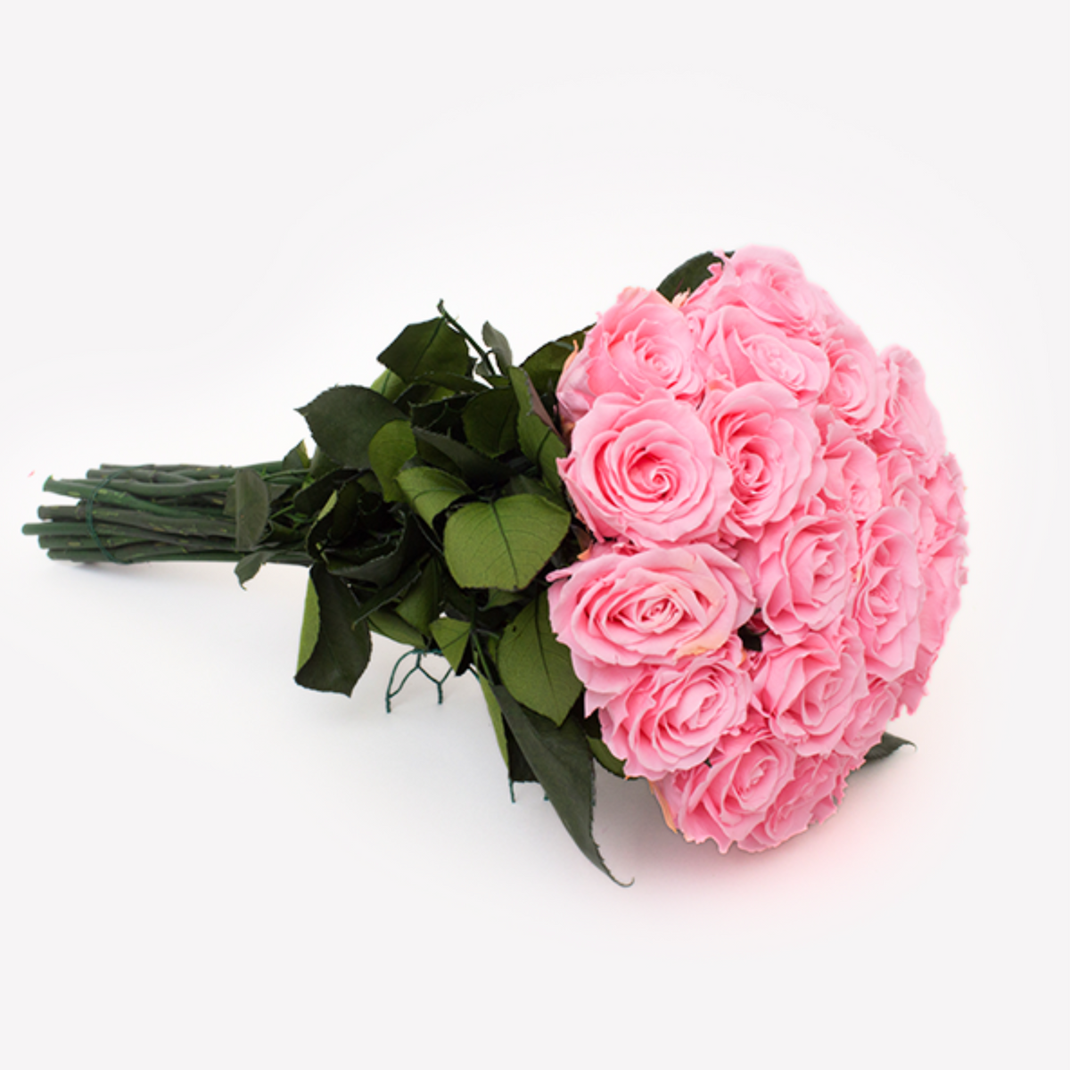 Love Story bouquet by Eos Blooms: pink long-stem roses with green leaves.