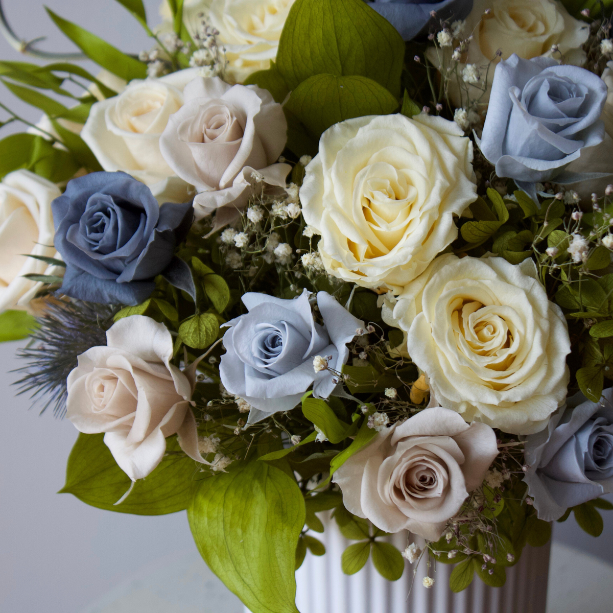 Bouquet of cream, pale blue, and white roses with green leaves in a white vase.