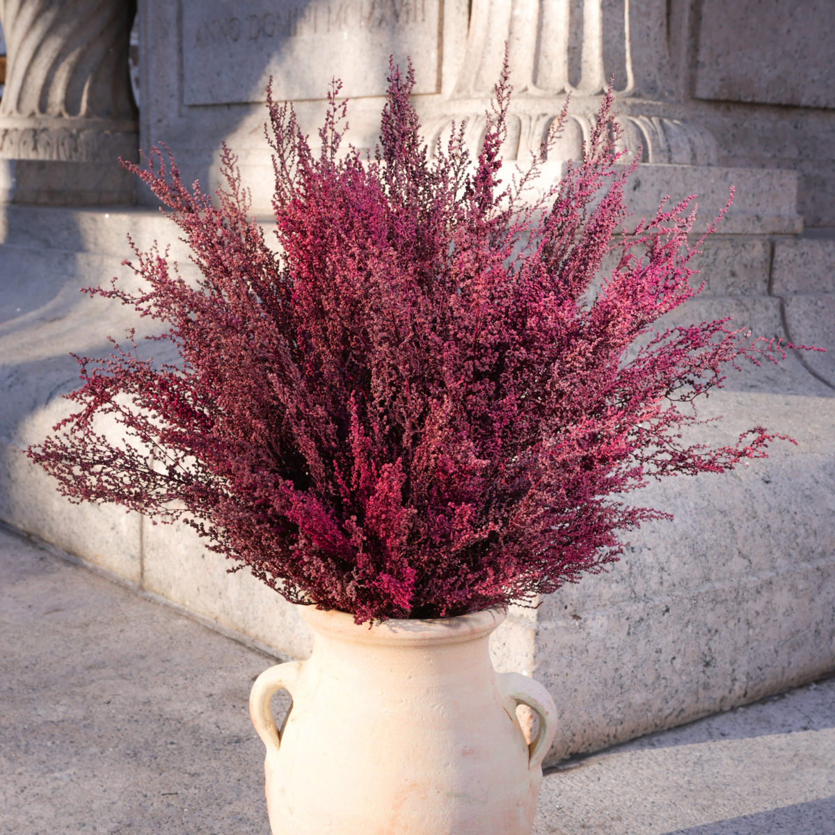 The Connemara | Preserved Heather by Eos Blooms: vibrant preserved wild heather in a pale vase.