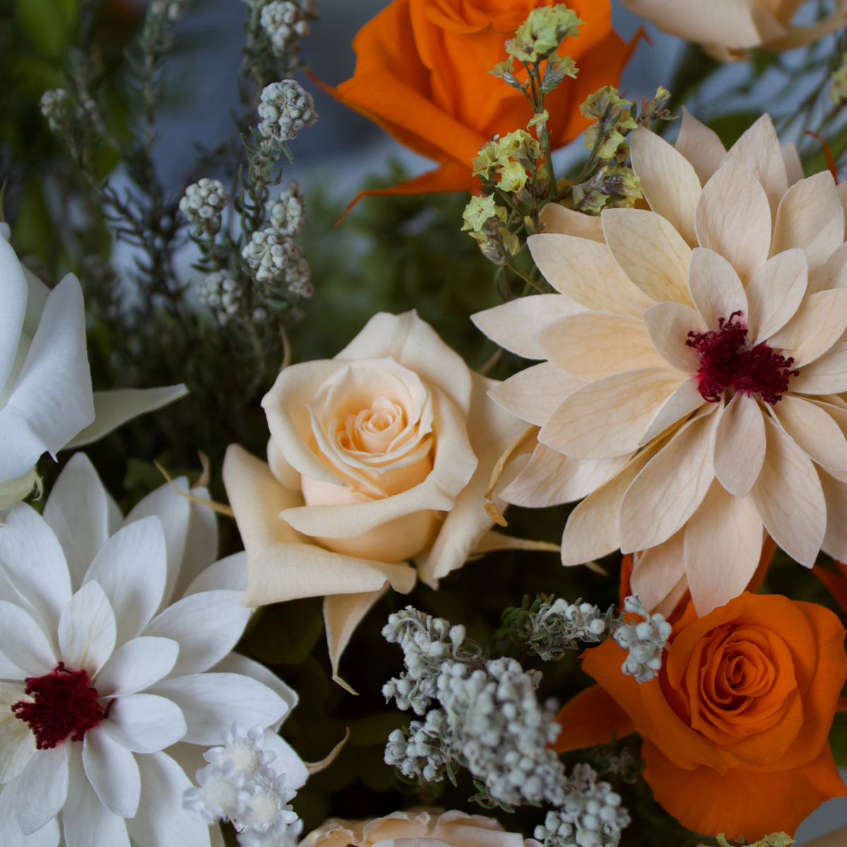 Afterglow (Petite) by Eos Blooms: white, cream & orange preserved blooms, artfully clustered.