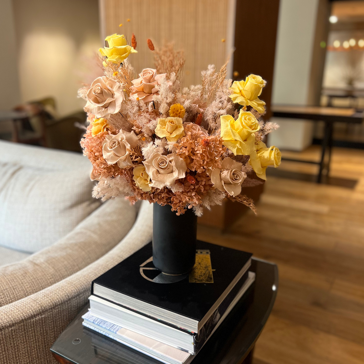 Eos Blooms’ For Business: Preserved flowers bring eco-friendly charm to a modern living room.
