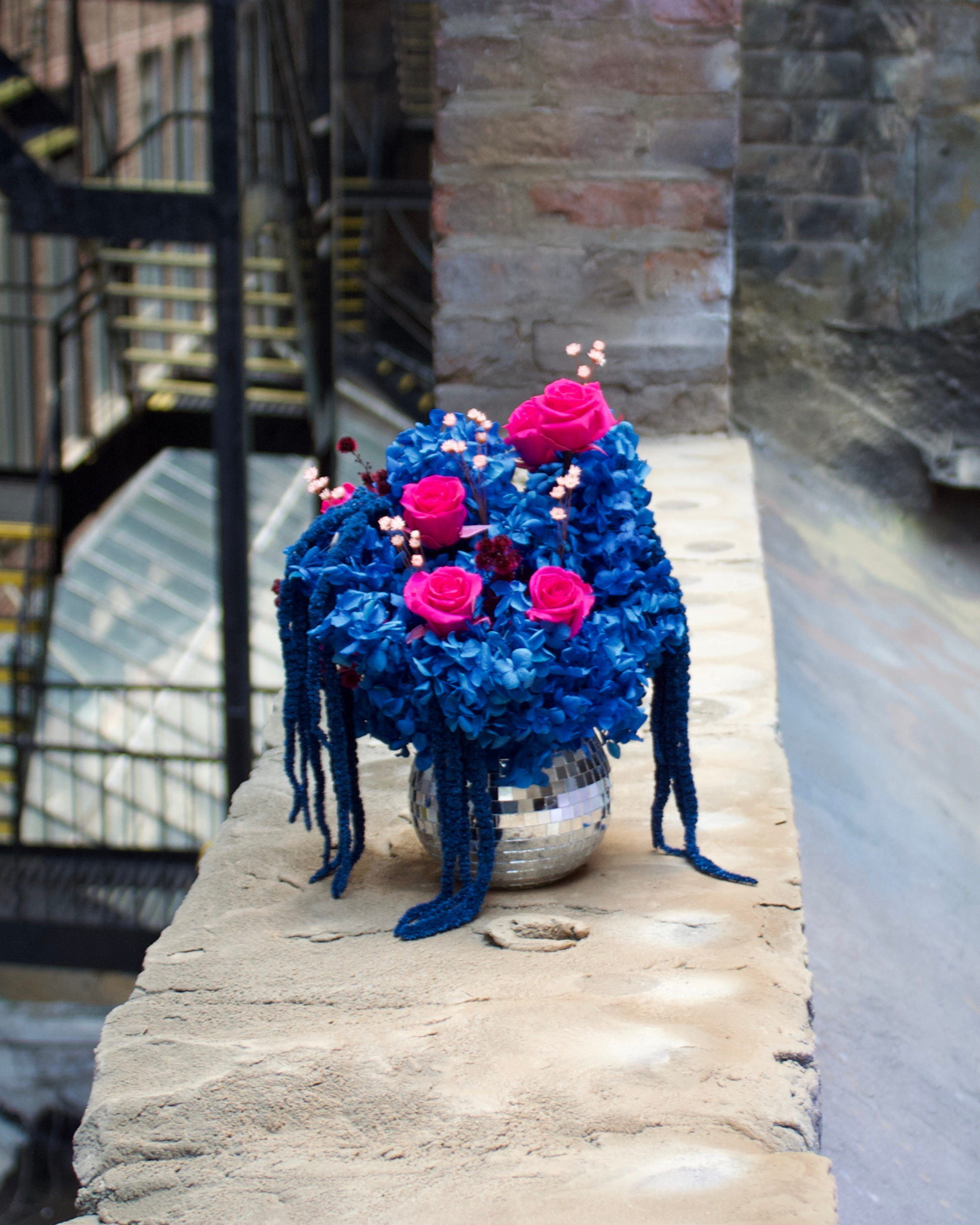 Studio 54 (Petite) by Eos Blooms: preserved roses & blues in glass vase on a brick ledge outside.