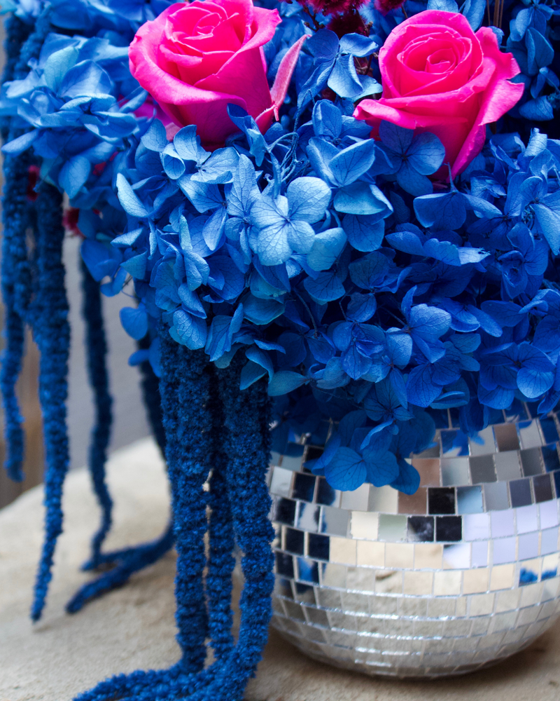 Studio 54 (Petite) by Eos Blooms: pink roses, blue hydrangeas in a disco ball forever vase.