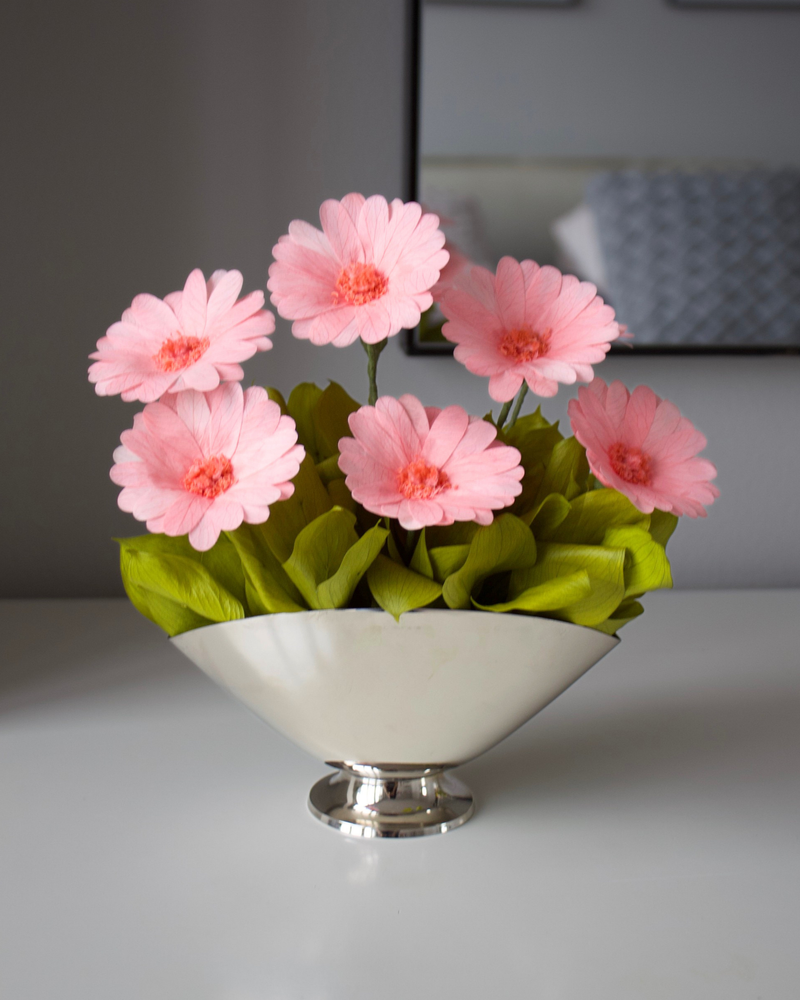 The Margarita preserved daisies by Eos Blooms in a silver vase with green leaves on white.