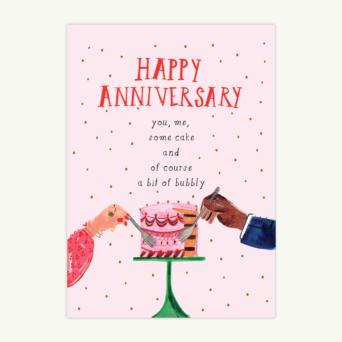 Hand-Illustrated Greeting Card by Eos Blooms: two hands share cake, pink dot design.