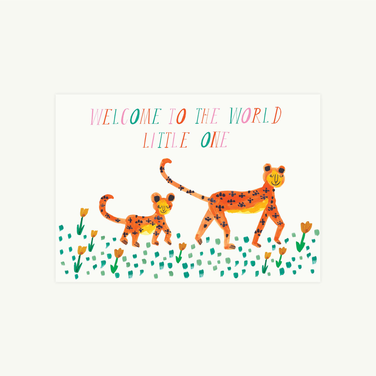 Two smiling cheetahs walk among flowers on this Eos Blooms hand-illustrated greeting card.