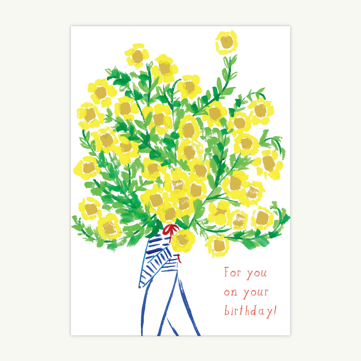Eos Blooms Hand-Illustrated Greeting Card with person, yellow flowers, and birthday text.