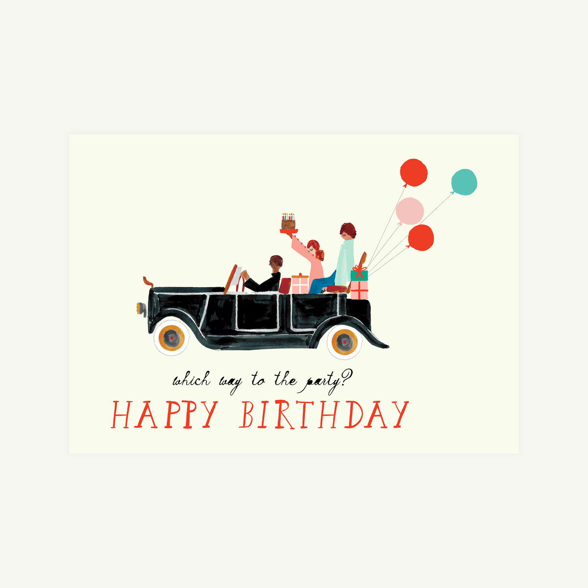 Three people in a car with balloons and gifts—Hand-Illustrated Greeting Card by Eos Blooms.