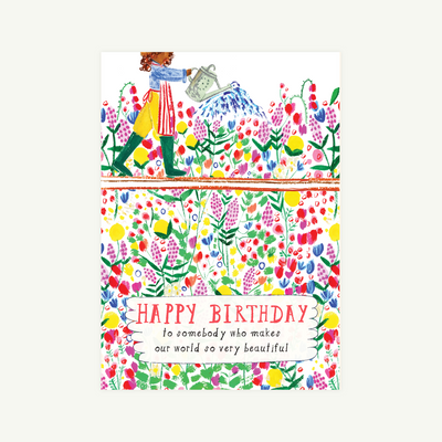 Eos Blooms Hand-Illustrated Greeting Card: person waters flowers, "Happy Birthday" below.