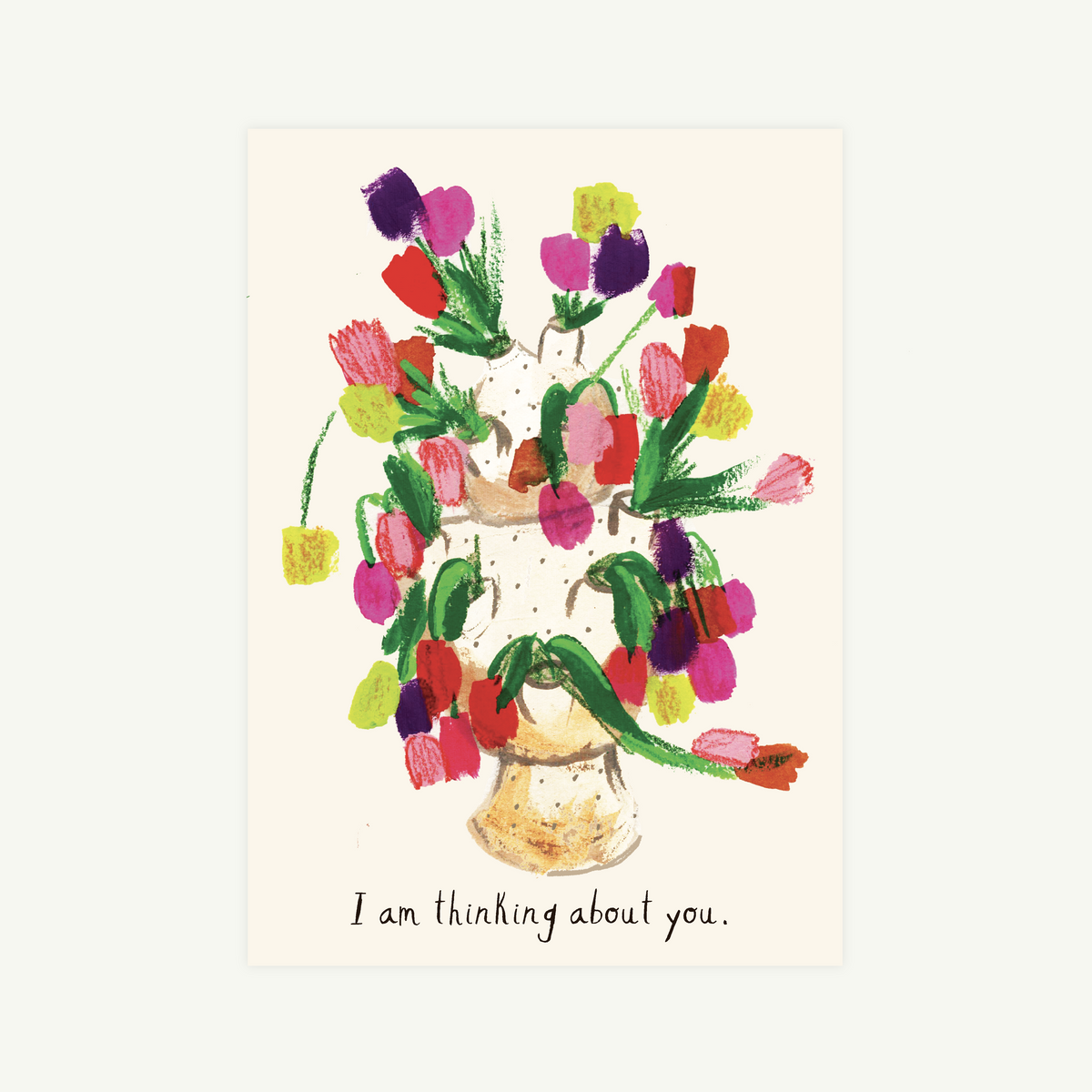 Eos Blooms Hand-Illustrated Greeting Card: Colorful flowers in a vase, "I am thinking about you.