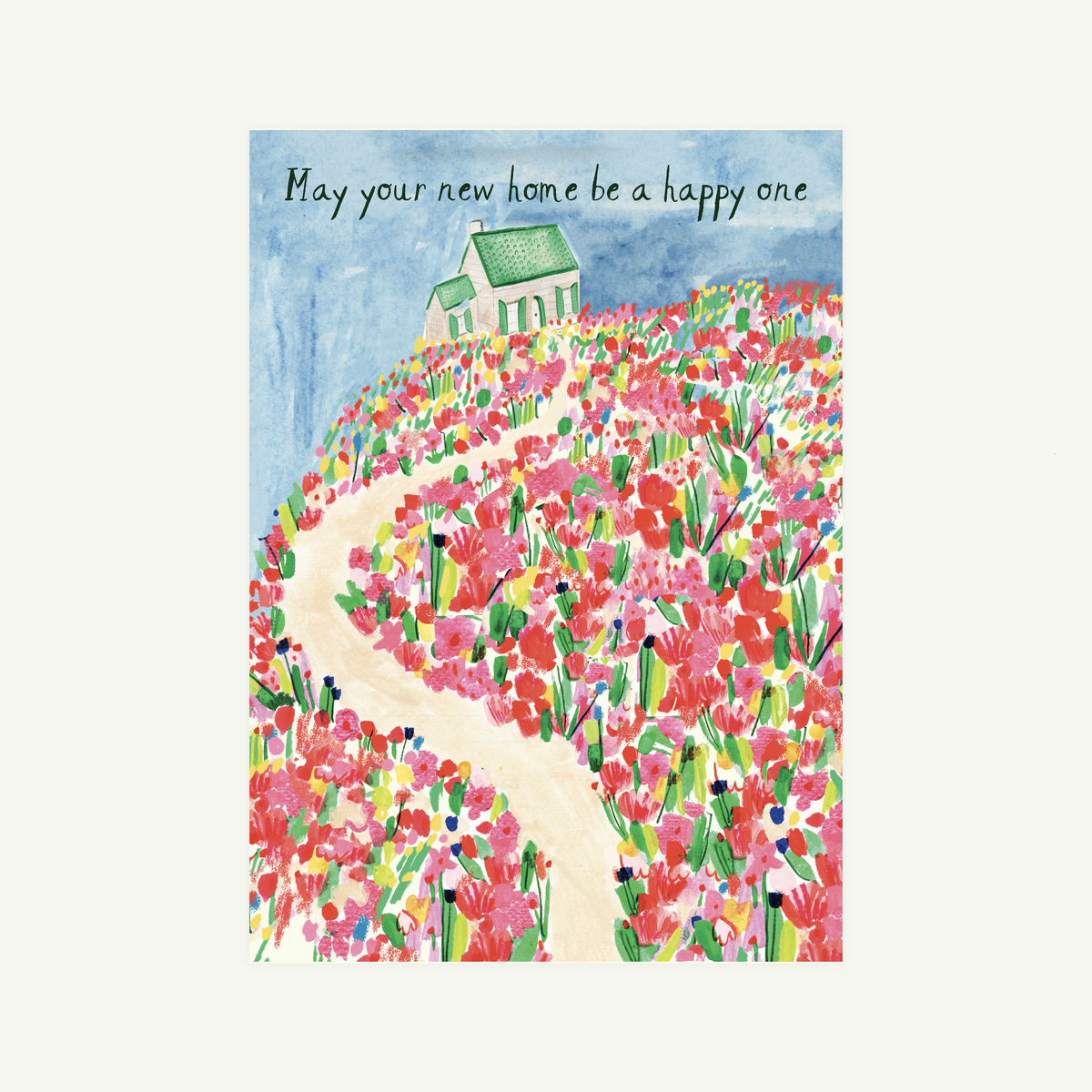 Eos Blooms Hand-Illustrated Greeting Card: house on hill with cheerful new home wishes.