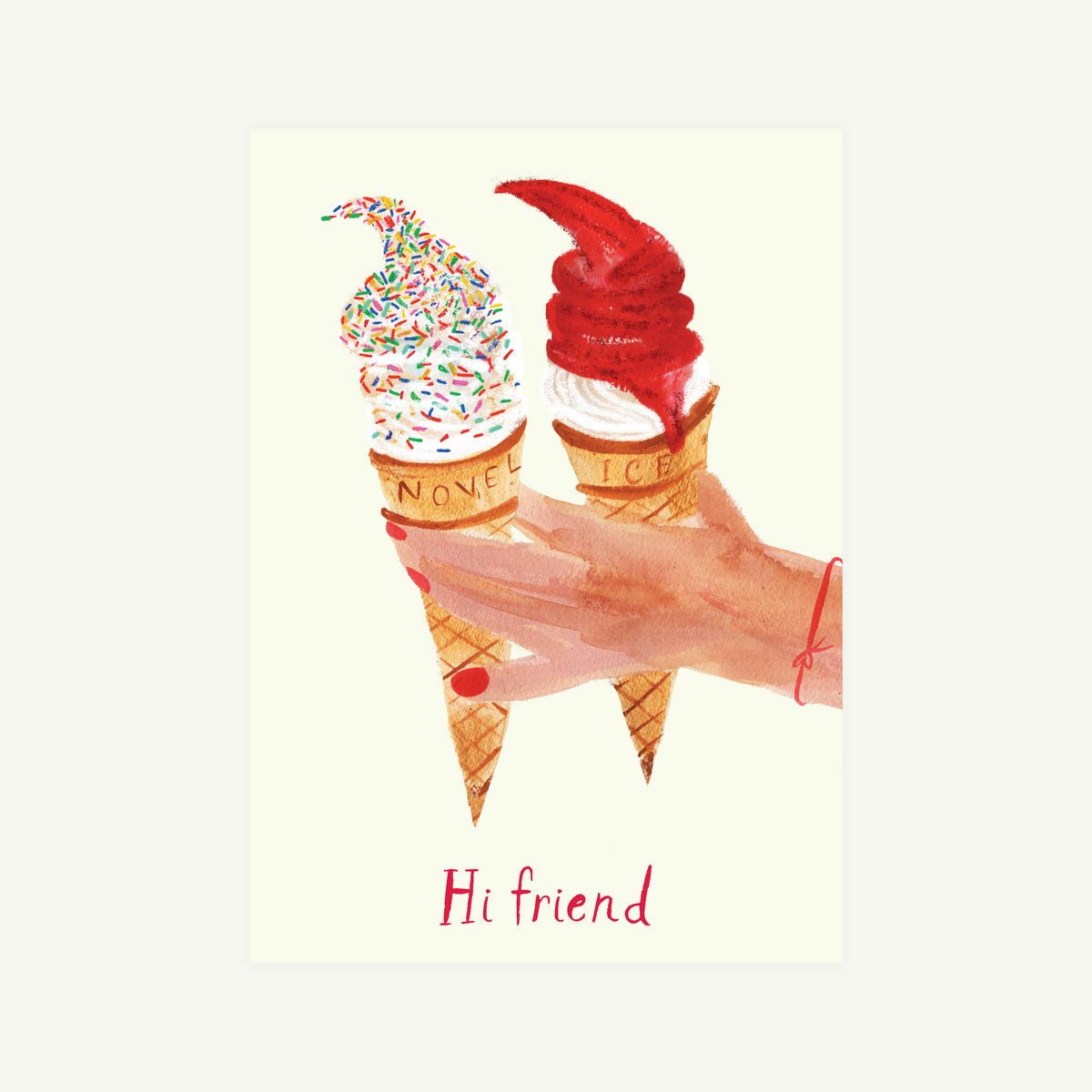 Eos Blooms Hand-Illustrated Greeting Card: two ice cream cones, "Hi friend" at the bottom.