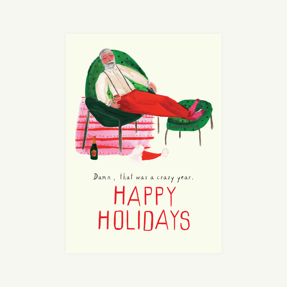 Eos Blooms Hand-Illustrated Greeting Card: tired Santa lounging, designed in NYC.