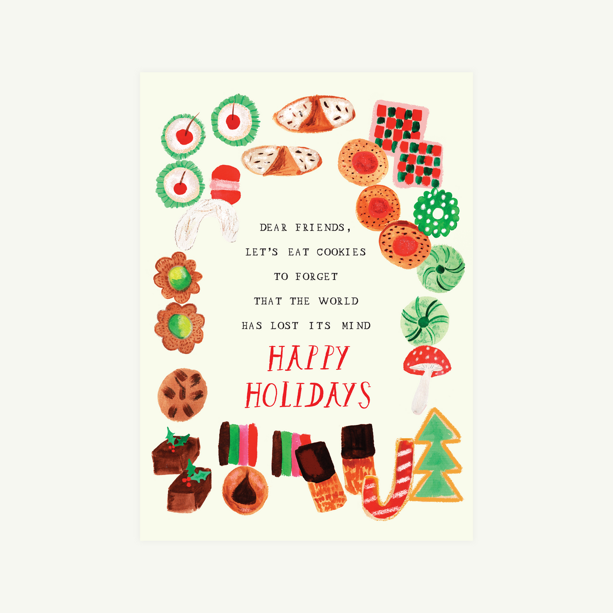 Eos Blooms Hand-Illustrated Greeting Card with holiday cookies and a fun Happy Holidays message.
