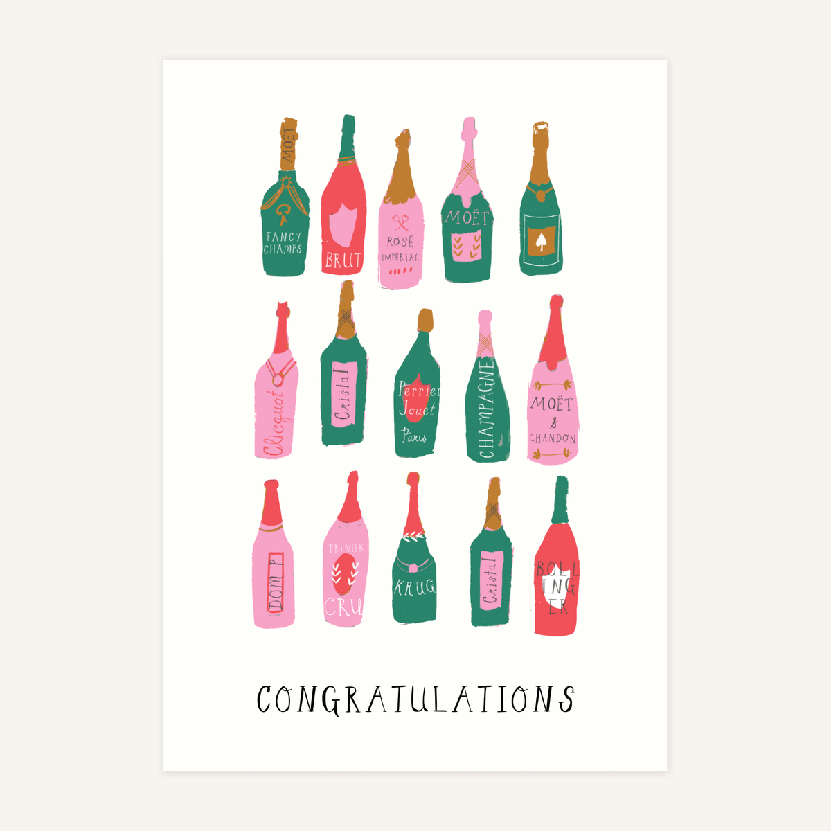 Eos Blooms Hand-Illustrated Greeting Card with colorful champagne bottles and CONGRATULATIONS text.