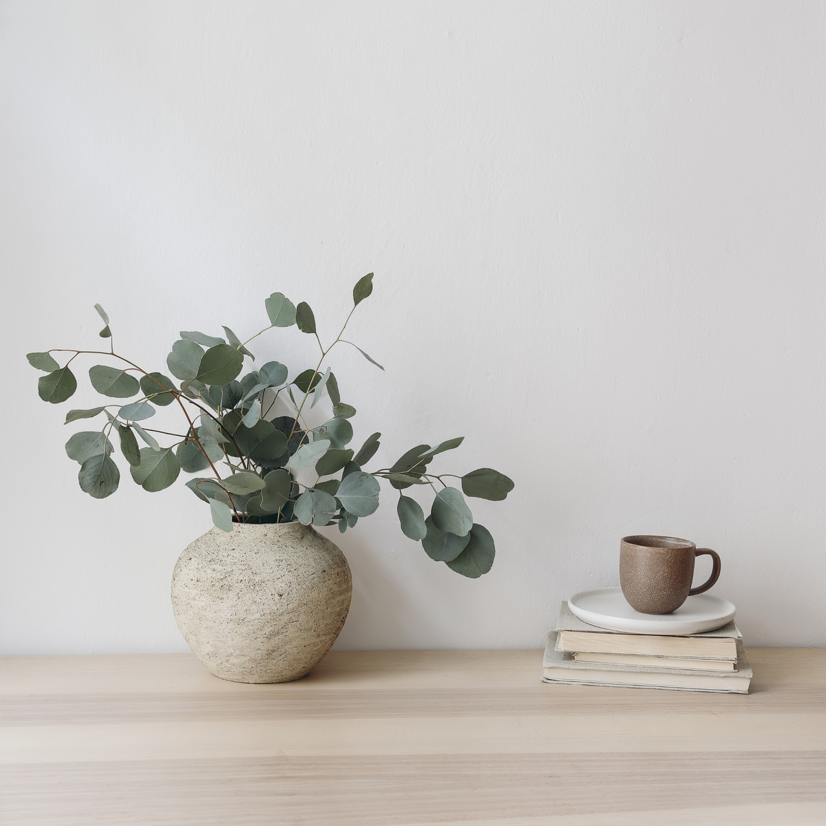 Preserved Populus Eucalyptus by Eos Blooms beside books and a coffee cup on light wood.