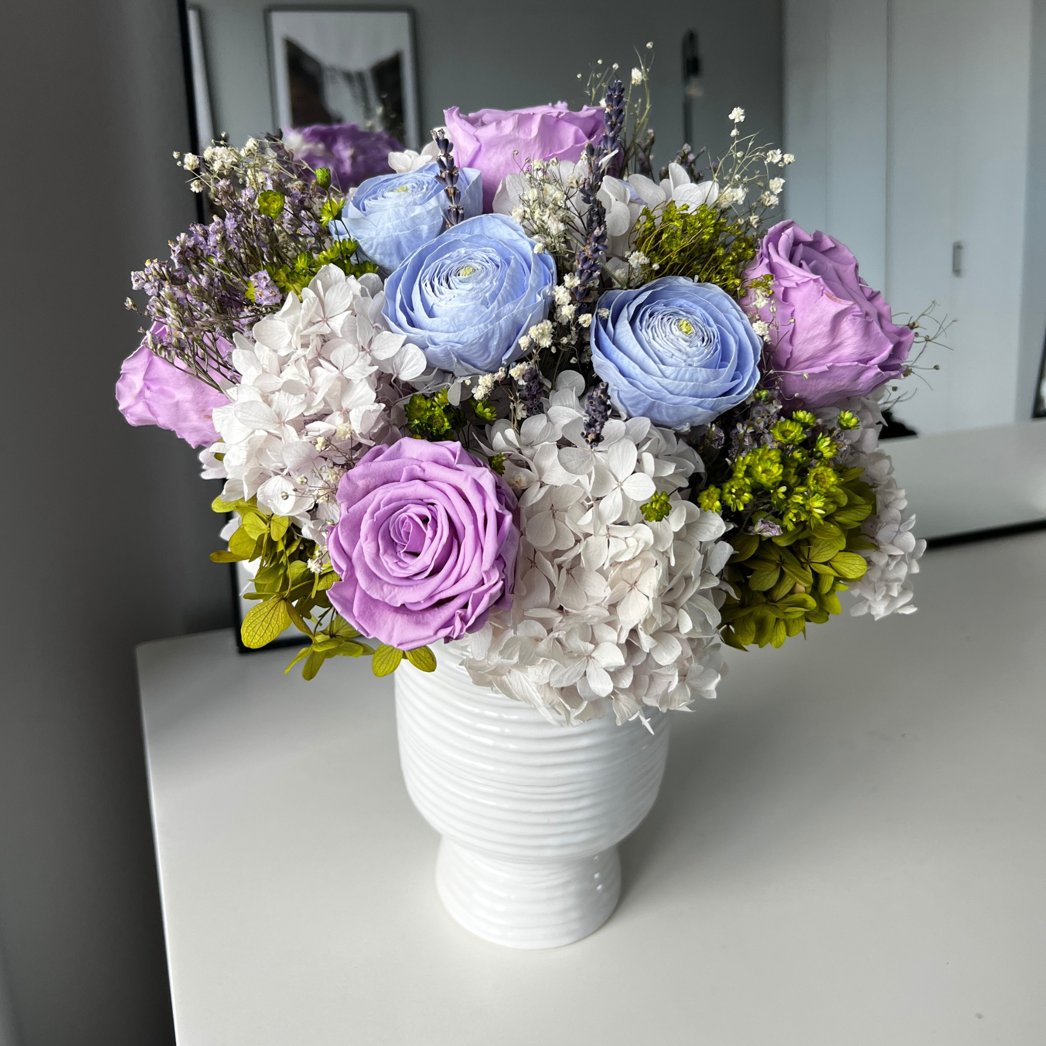 Preserved Ranunculus The Giverny | Light Blue Preserved Ranunculus & Lilac Roses | Blooms ...