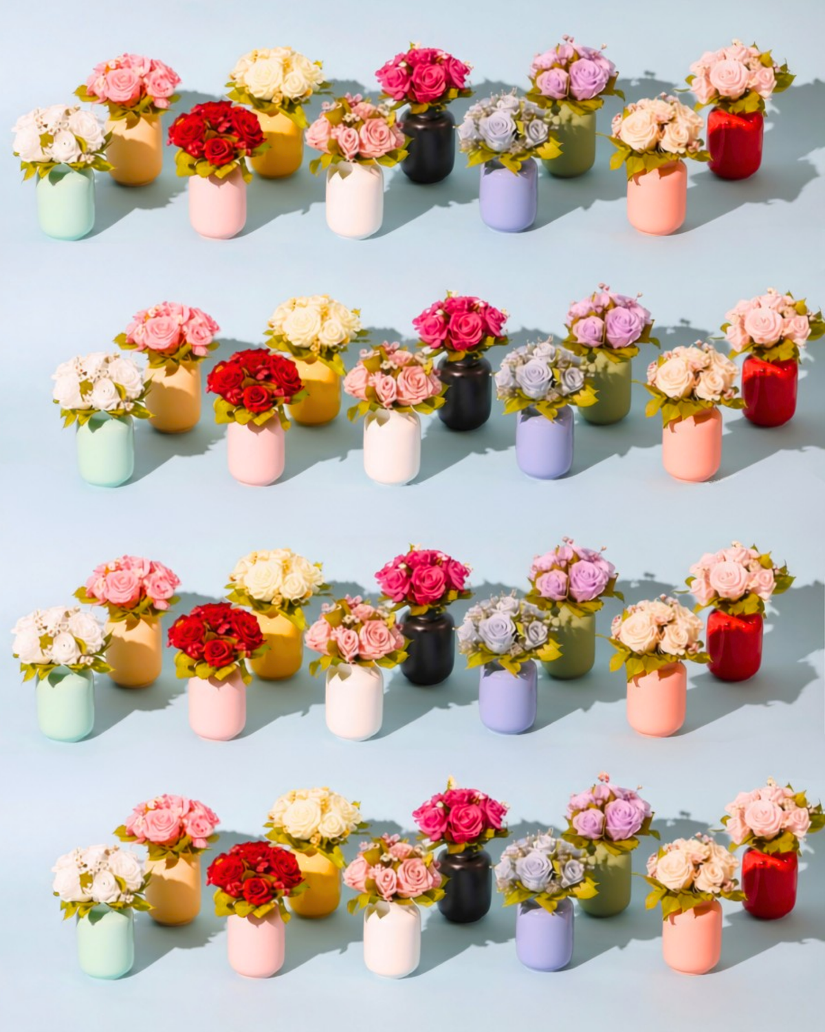 Thirty Mini Milk Jars by Eos Blooms with Forever Roses on a light blue background.