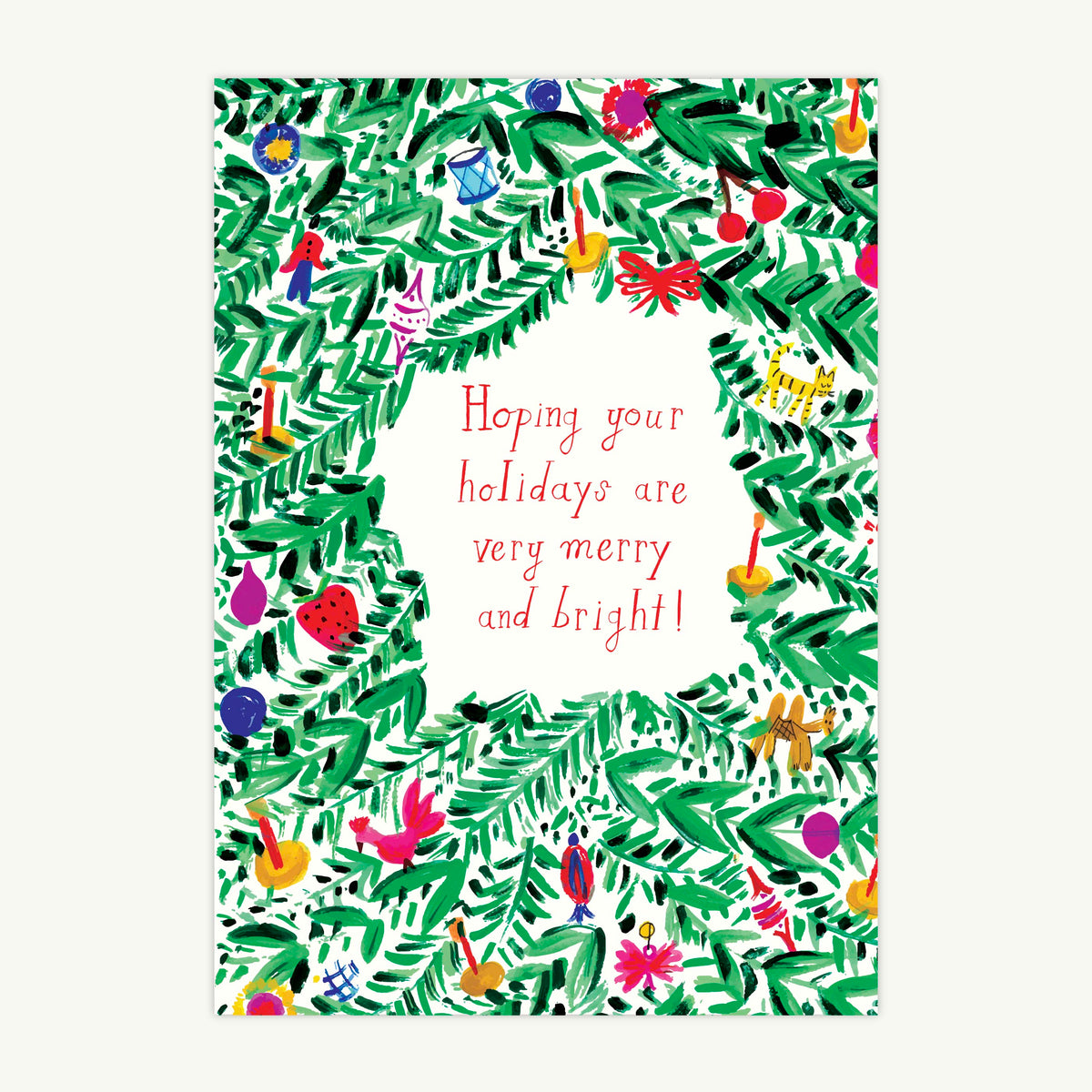 Eos Blooms Hand-Illustrated Greeting Cards with greenery and ornaments for festive holidays.