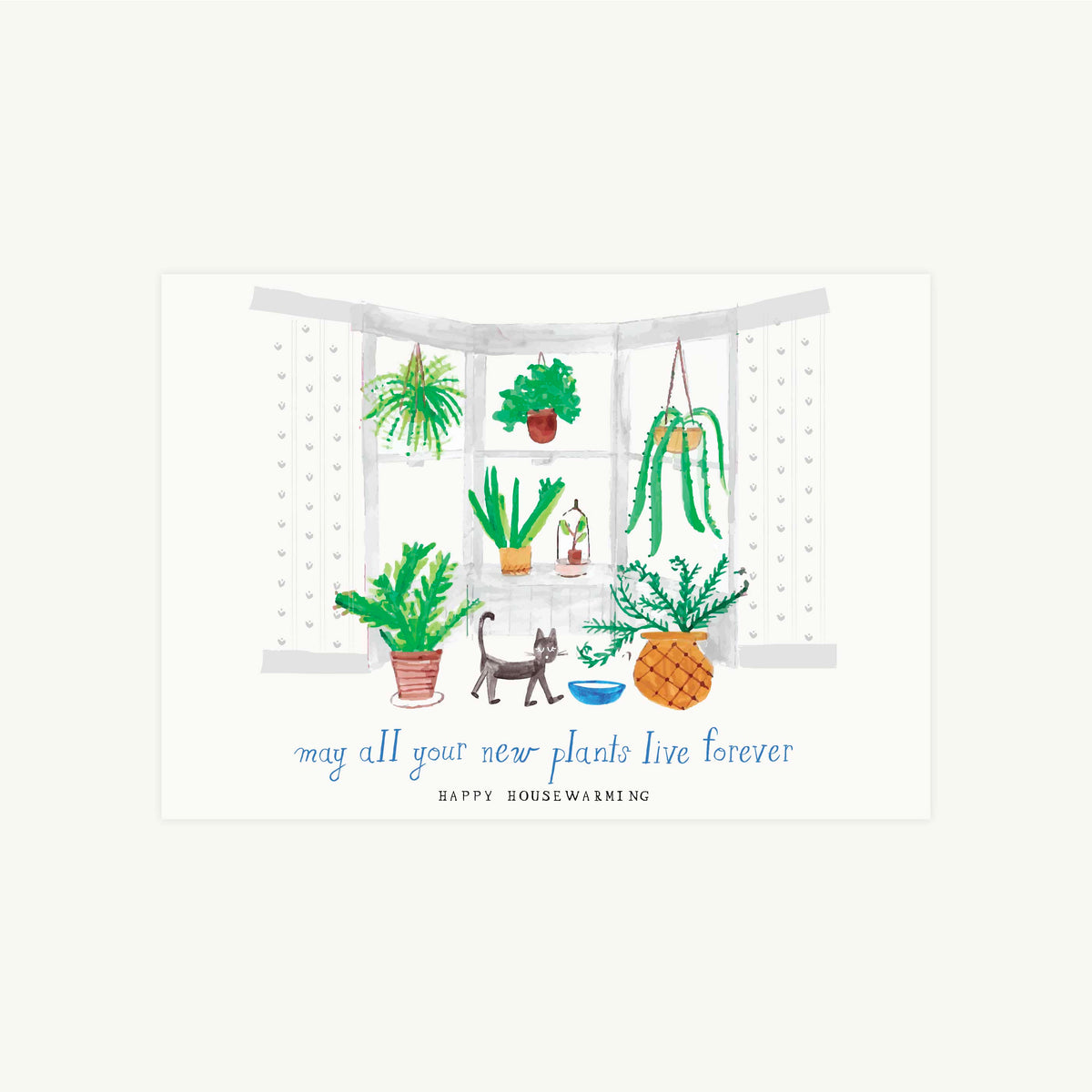 Hand-Illustrated Greeting Card with houseplants and cat by Eos Blooms.