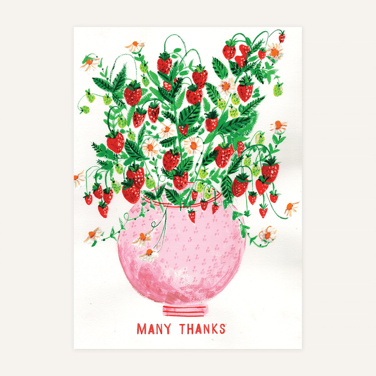 Eos Blooms Hand-Illustrated Greeting Card: strawberries & flowers in pink vase, "Many Thanks.