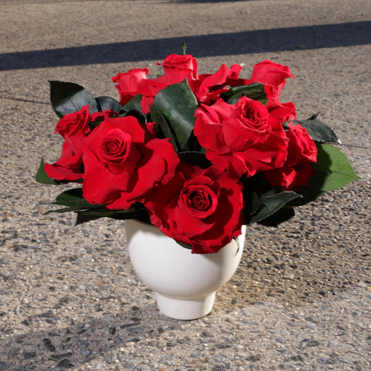 Eden (Petite) by Eos Blooms—a white vase of hand-reflexed roses on a textured surface.