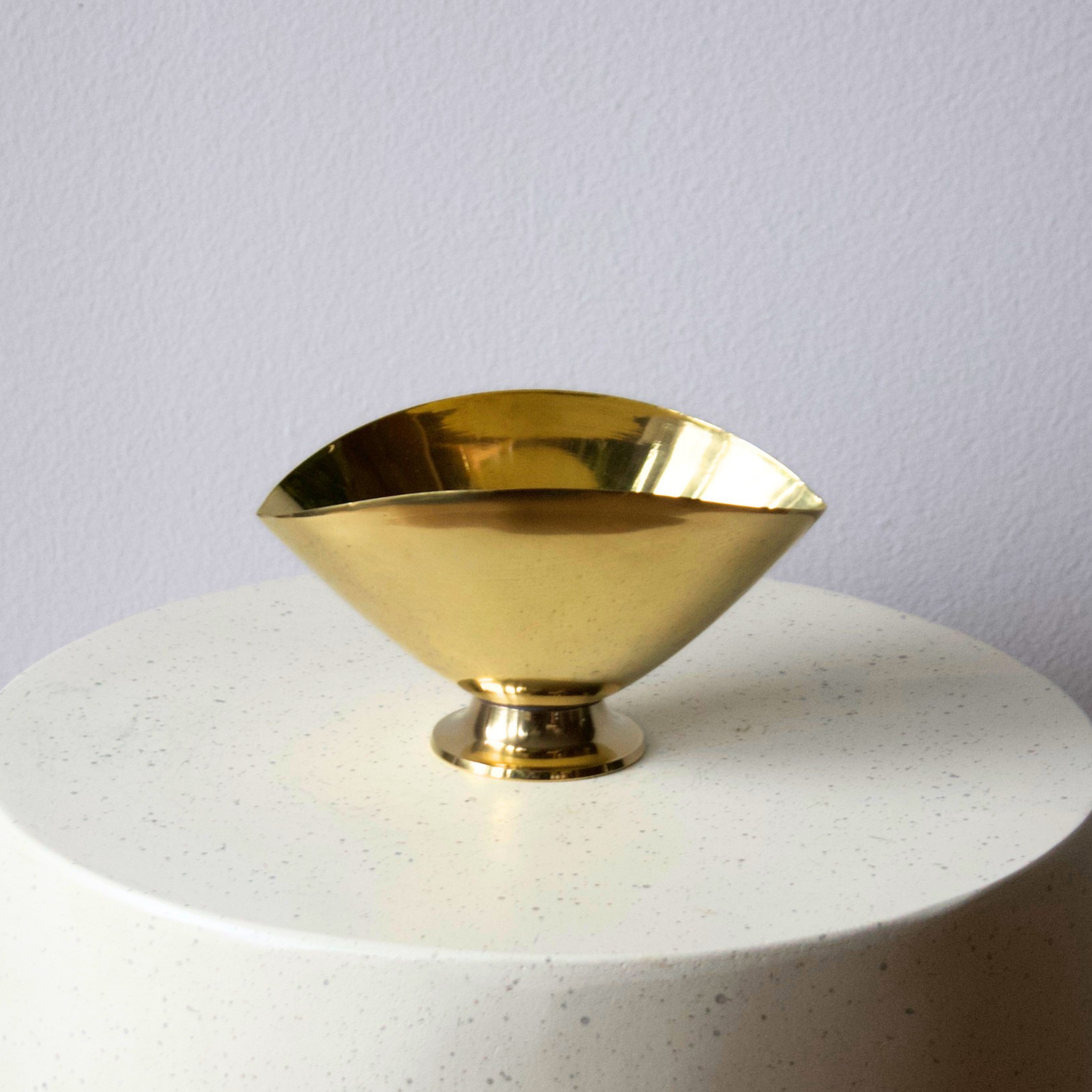 Gold Dumpling Vase by Eos Blooms on a speckled surface, set against a pale gray wall.