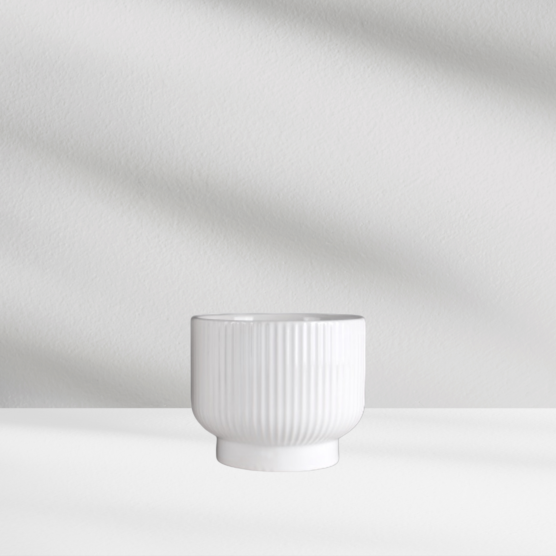 The Eos Blooms Greenwich Ribbed Vase is styled on a white surface beside a ceramic bowl.