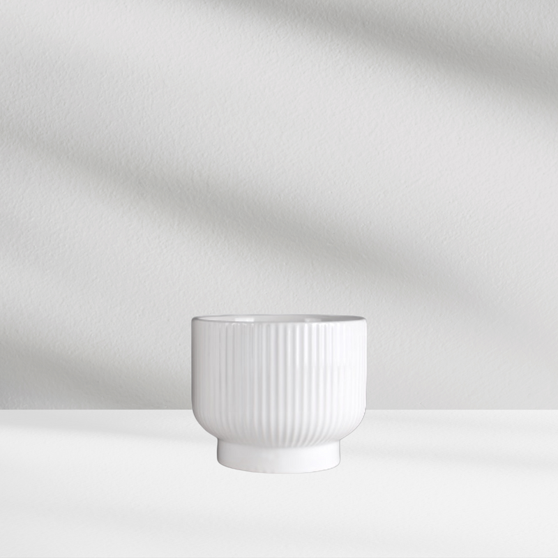 The Eos Blooms Greenwich Ribbed Vase is styled on a white surface beside a ceramic bowl.