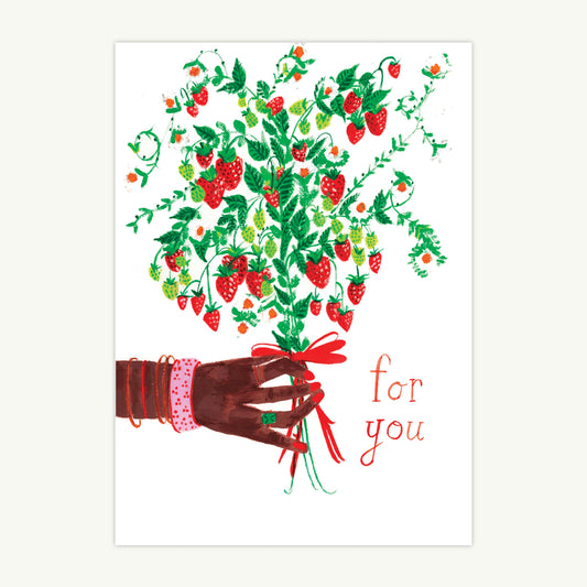 A hand holds a strawberry and flower bouquet on an Eos Blooms Hand-Illustrated Greeting Card.