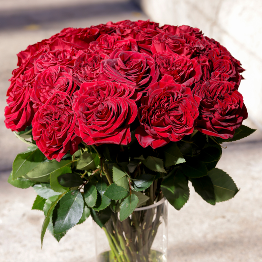 A lush bouquet of deep red roses with green leaves in a clear glass vase.