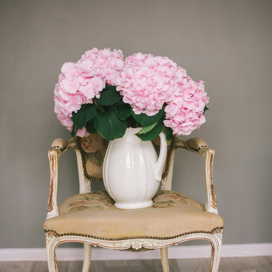 Eos Blooms Preserved Hydrangeas in a white vase, perfect for cottage decor.