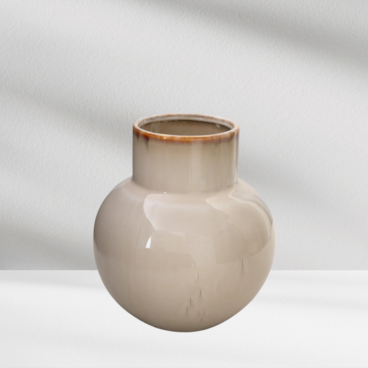 The Eos Blooms Rio Vase features glossy cream ceramic with a narrow neck and brown rim.