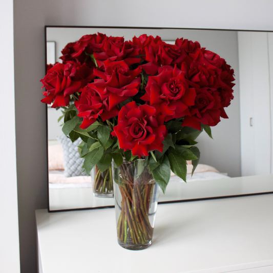The Classic by Eos Blooms: Ecuadorian red roses in a glass vase, elegantly displayed.