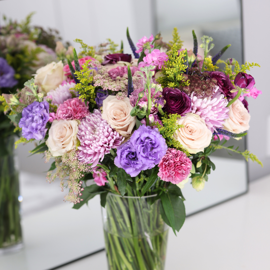 The Condesa by Eos Blooms: luxury pink, purple, cream roses & lavender lisianthus arrangement.
