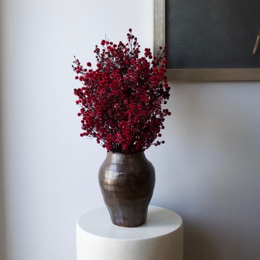 The Garnet by Eos Blooms: preserved stirlinga in a brown vase on a white round table.