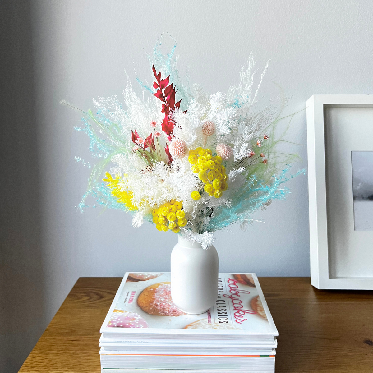 The Kalea by Eos Blooms: colorful preserved flowers in a white vase for charming home décor.