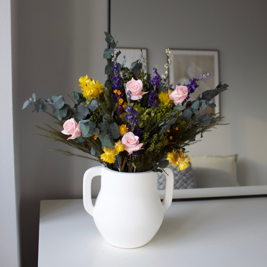 Wildbloom | Preserved Wildflowers by Eos Blooms in a white vase with Forever Roses and greenery.