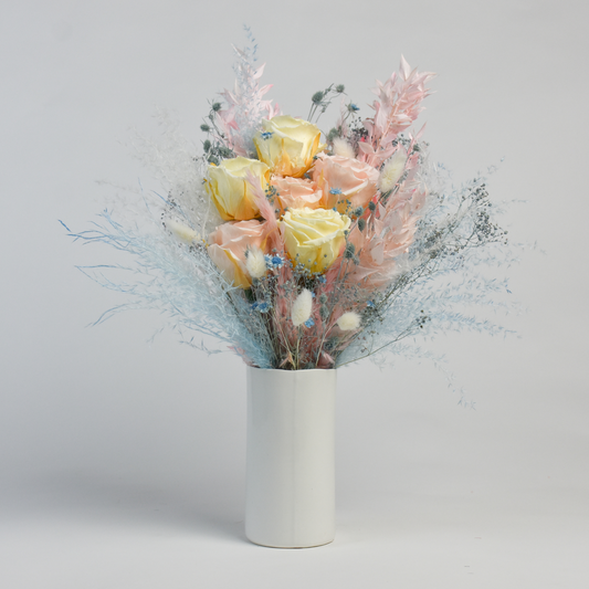 Sirena pastel colored preserved rose arrangement.