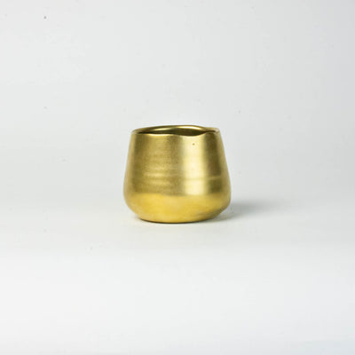 Eos Blooms Gold Vase: small, rounded, gold-colored vase on a plain white background.