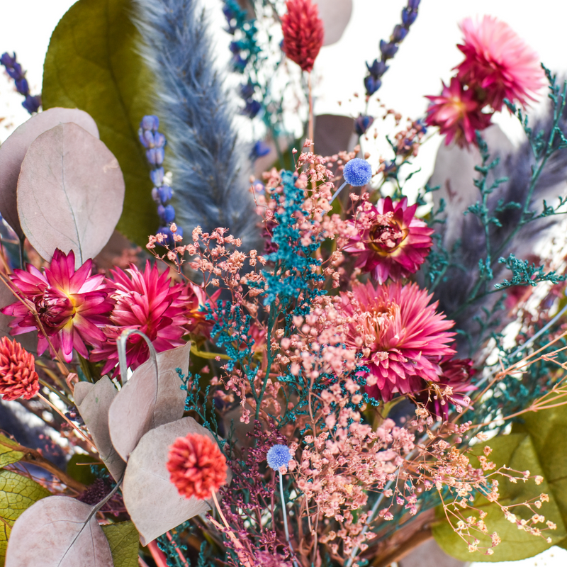 Tropics by Eos Blooms: vibrant preserved Forever Flowers in pink, blue & green for lasting beauty.